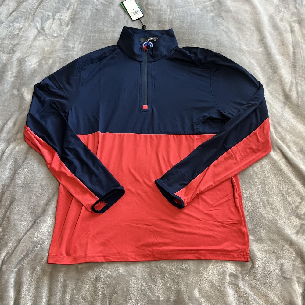RLX Ralph Lauren Sweater Mens Medium Navy Red Quarter Zip Golf Pullover Wicking